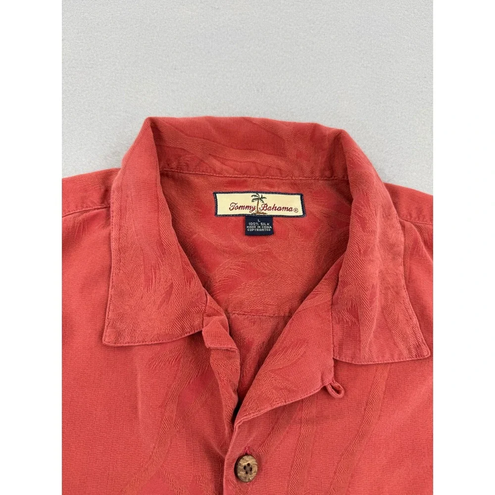 Tommy Bahama 100% Silk Mens Large Red Jacquard Palm Leaf Camp Shirt Button Up